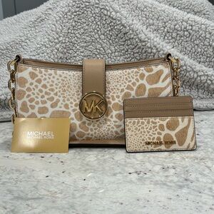 BRAND NEW Michael Kors Exotic Print Camel Pouchette & Matching Card Wallet